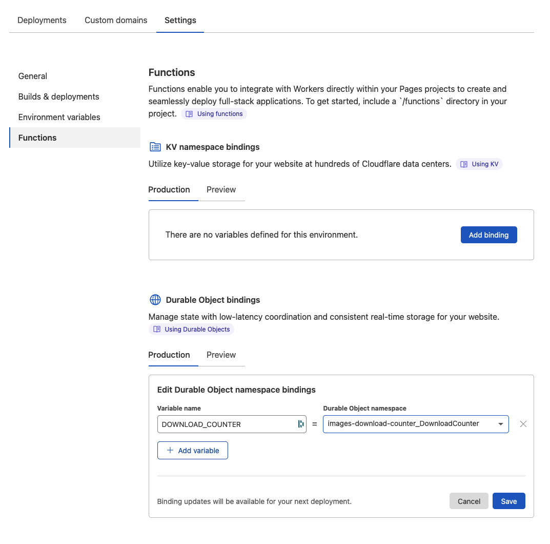 Screenshot of the "Functions" page on the Pages project "Settings" tab in the Cloudflare dashboard